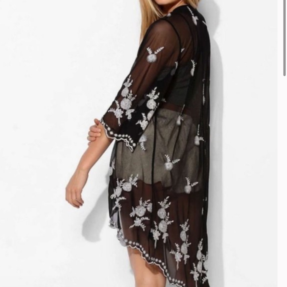 Pins and Needles Night Bloom Embroidered Kimono Sheer Coverup Black